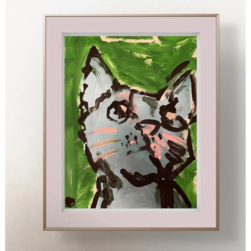 Oman Original Art 9x12 Neo Expressionist Paper Green Kitty Cat Painting Fine Art
